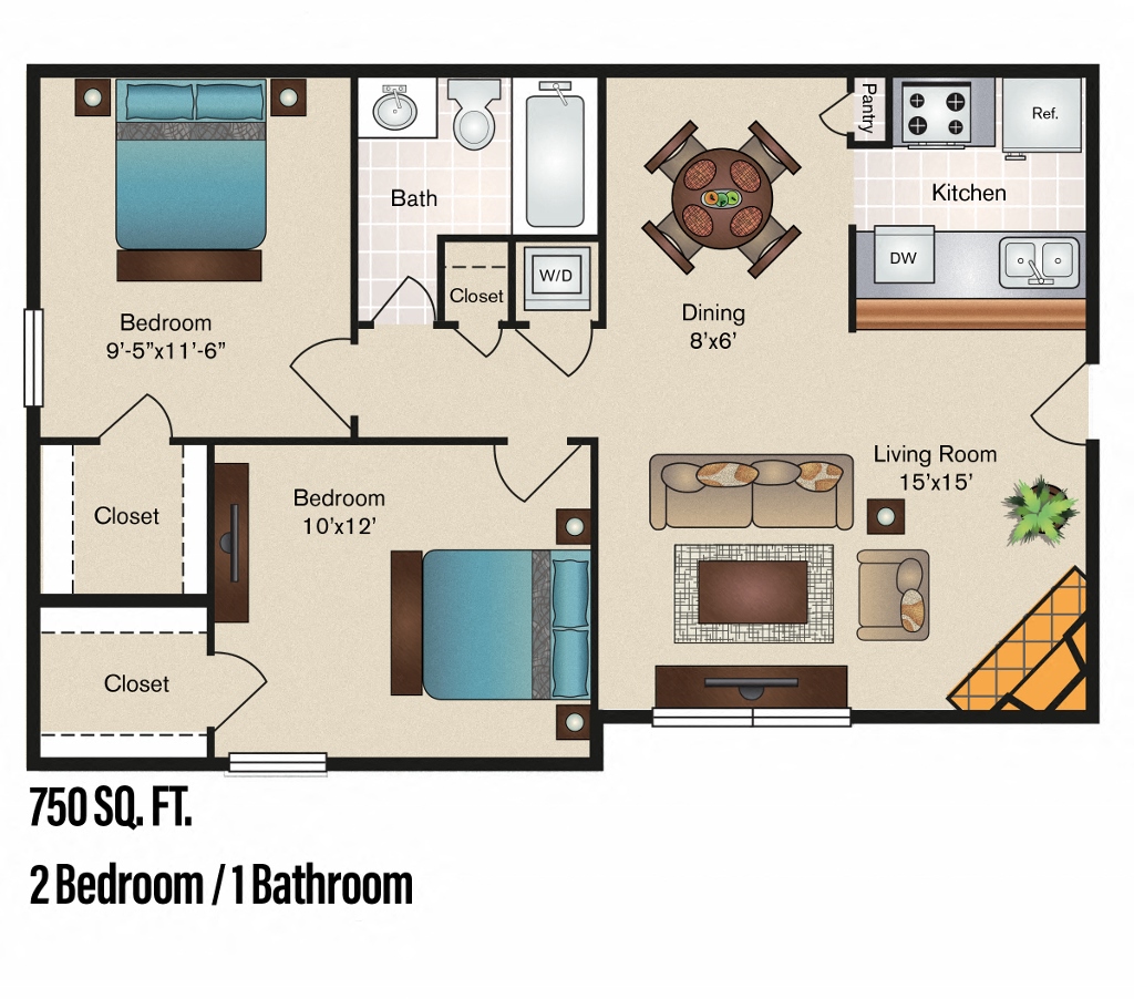 Floor plan for 2 beds, 1 bath, 750 sqft